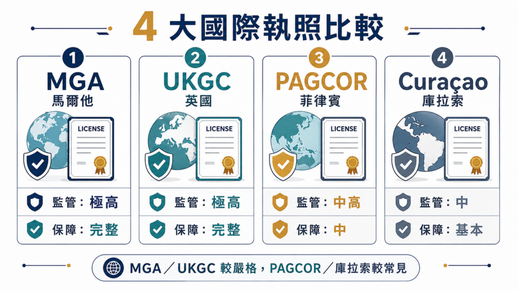 合法娛樂城常見國際執照比較圖，整理 MGA、UKGC、PAGCOR 與 Curaçao 的監管與保障差異