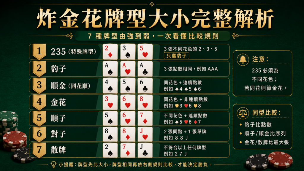 炸金花牌型大小與炸金花規則解析,包含235特殊牌型、豹子、順金、金花、順子、對子與散牌比較方式