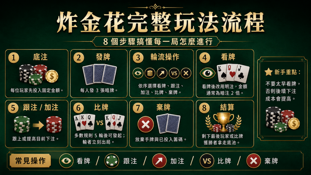 炸金花玩法流程與炸金花規則教學,說明底注、發牌、看牌、跟注、加注、比牌、棄牌與結算步驟