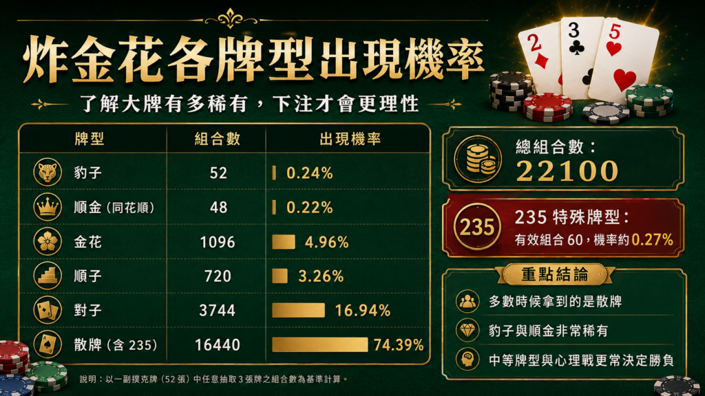 炸金花各牌型出現機率統計,包含豹子、順金、金花、順子、對子、散牌與炸金花235特殊牌型