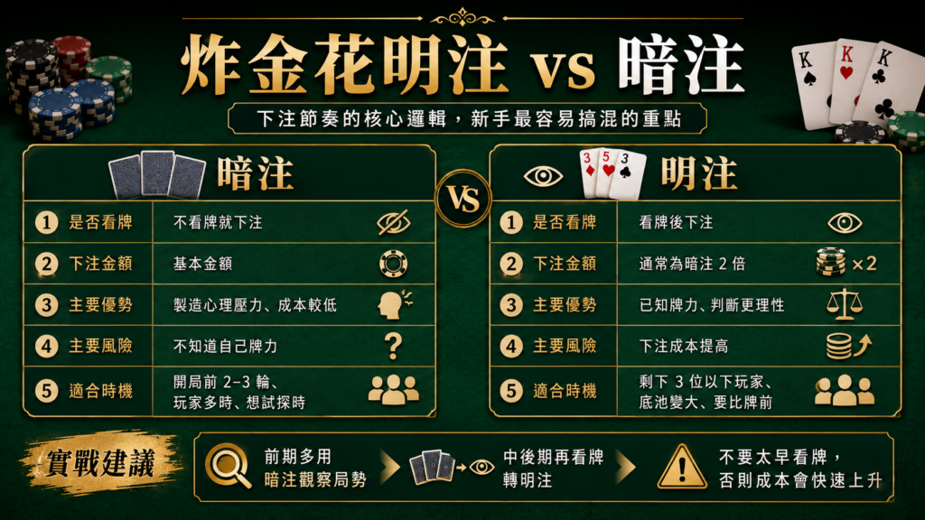 炸金花明注與暗注規則比較,說明看牌下注、不看牌下注、下注金額、主要優勢、風險與適合時機