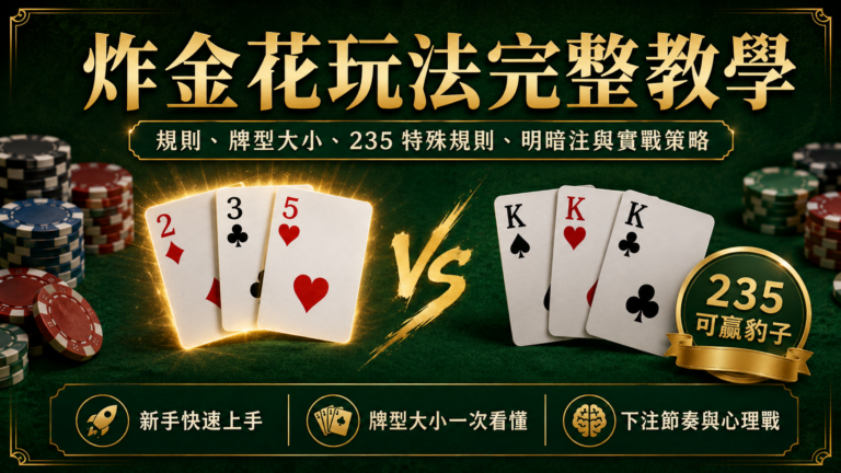 炸金花玩法完整教學封面圖，介紹炸金花規則、牌型大小、炸金花235特殊規則、明暗注與實戰策略