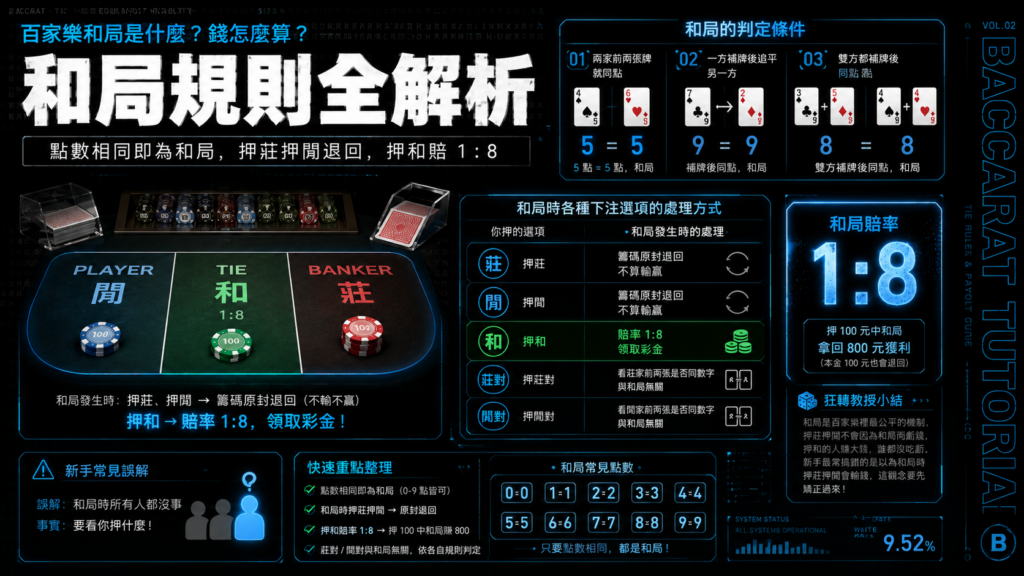 百家樂和局規則全解析，說明莊家與閒家點數相同即為和局，押莊押閒退回，押和賠率 1 比 8