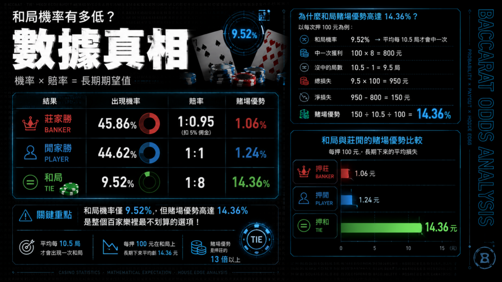 百家樂和局機率數據分析圖，說明和局出現機率約 9.52%，賠率 1 比 8，但賭場優勢高達 14.36%