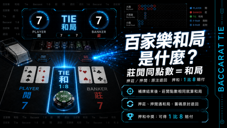 百家樂和局示意圖，說明莊家與閒家同點數時判定為和局，押和可獲得 1 比 8 賠付