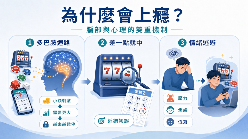 賭博成癮形成原因示意圖,說明多巴胺迴路、差一點就中的近錯謬誤,以及用賭博逃避壓力與焦慮的心理機制。
