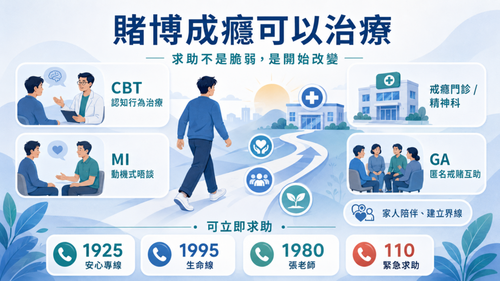 賭博成癮治療與台灣求助資源示意圖,介紹 CBT 認知行為治療、MI 動機式晤談、戒癮門診、匿名戒賭互助與 1925 安心專線。