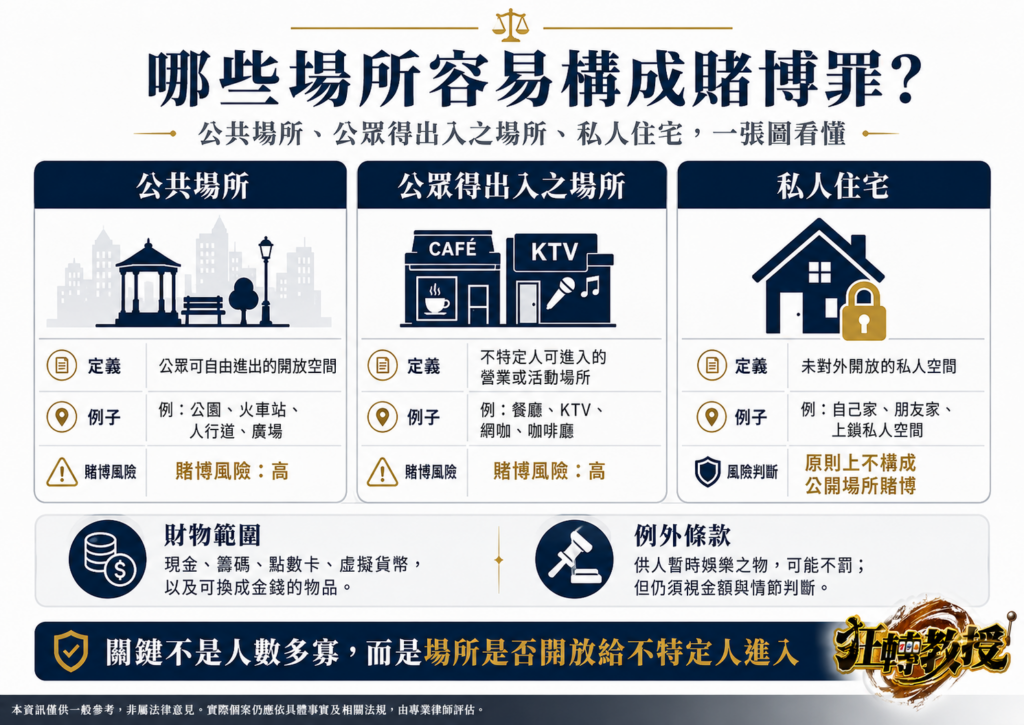 台灣賭博合法項目整理圖，介紹公益彩券、運動彩券、部分賽馬賽鴿與限制級電子遊樂場等博弈類型。
