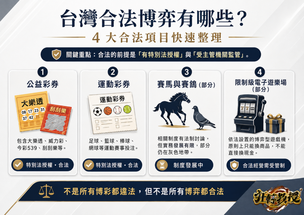 台灣賭博合法法規說明圖，整理公共場所、公眾得出入場所與私人住宅在賭博罪判斷上的差異。