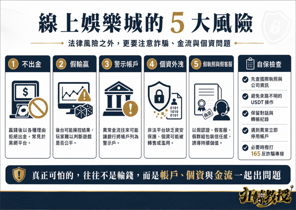 台灣賭博合法教學圖，說明線上娛樂城常見 5 大風險，包括不出金、假輸贏、警示帳戶、個資外洩與假執照假客服。