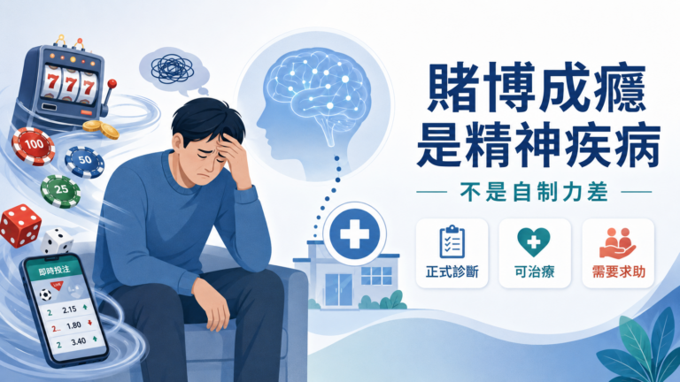 賭博成癮是精神疾病的示意圖,說明賭博成癮不是自制力差,而是需要正式診斷與治療的成癮障礙。