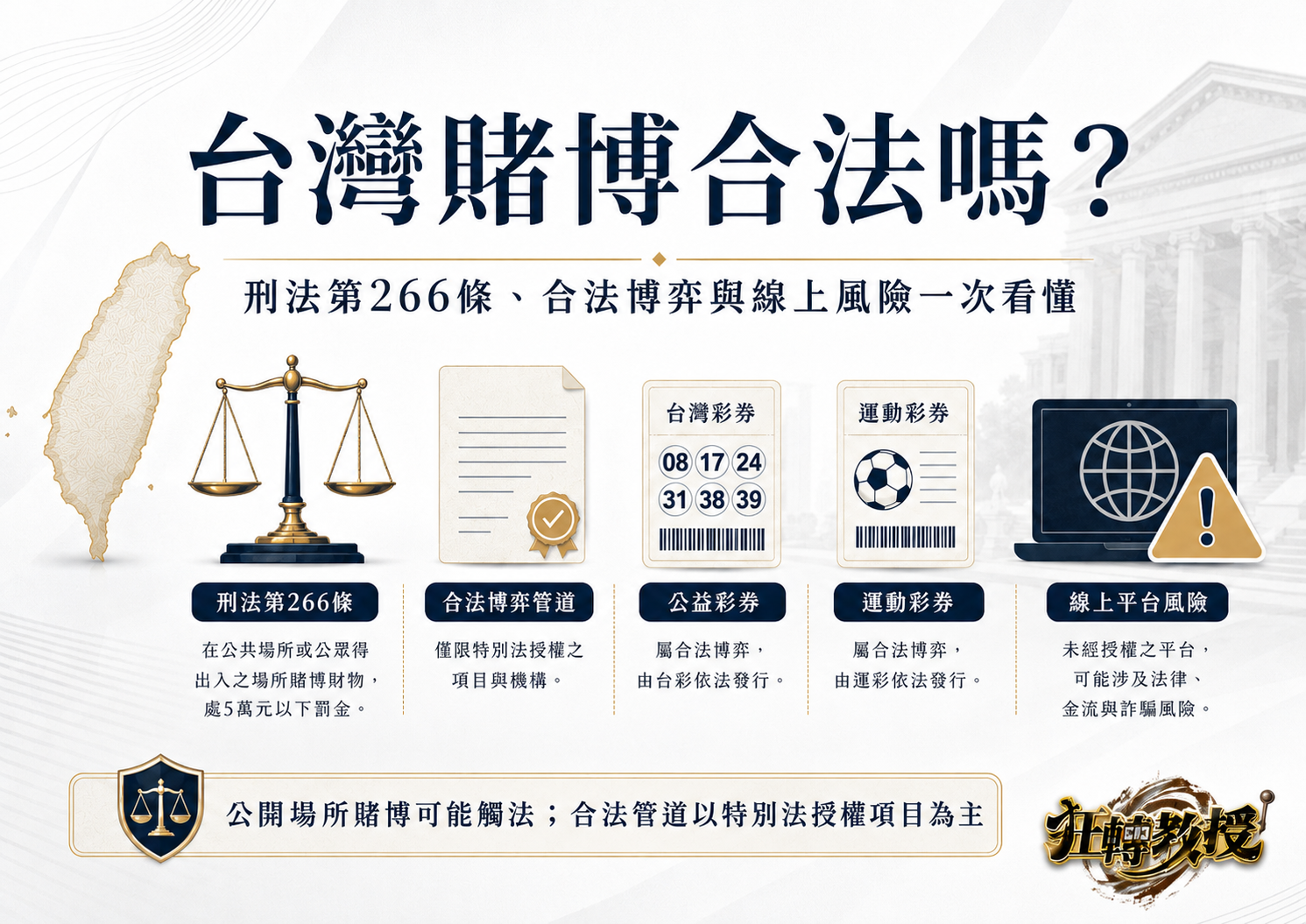 台灣賭博合法風險比較圖，整理公益彩券、運動彩券、朋友家小額麻將、線上德州撲克、線上娛樂城與黑網娛樂城的法律風險差異。